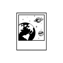 Planets and stars polaroid outline drawing in black and white 