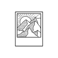 Landscape sun and mountain cliff polaroid outline drawing in black and white 