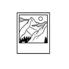 Landscape mountain and trees polaroid outline drawing black and white