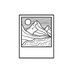 Landscape mountain polaroid outline drawing black and white 