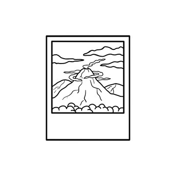 Landscape volcano mountain polaroid outline drawing in black and white 
