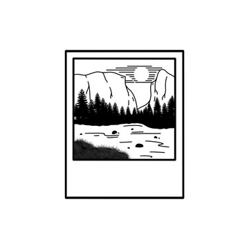 Landscape river and mountain cliff polaroid outline drawing in black and white 