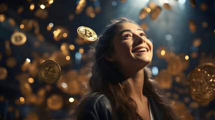 Imagine Stunning realistic full-body portrait of a happy Jung woman with flying bitcoins in a room
