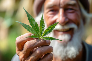 A smiling elderly person holding a fresh cannabis leaf in his hand, with an peaceful and serene look. Use of CBD in senior health to reduce rheumatism and pain, for a happy Sunset of life. - Powered by Adobe