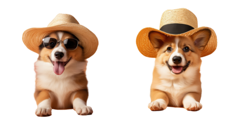 Cute corgi pup on a transparent background wears shades and straw hats