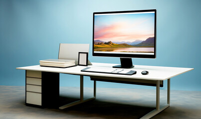Desktop computer screen with nature landscape image in a office room on the wide white desk against a blue backdrop.