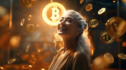 Imagine Stunning realistic full-body portrait of a happy Jung woman with flying bitcoins in a room
