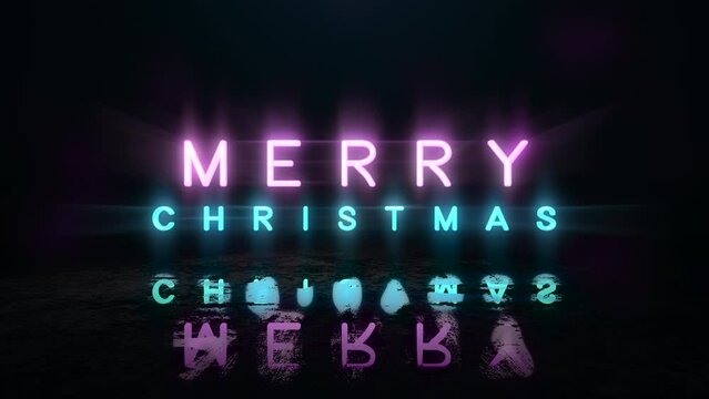 Merry Christmas with neon lights on street in city, motion abstract disco, club, retro and holidays winter style background