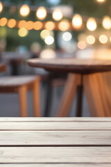 Empty wooden table and bokeh lights blurred outdoor cafe background. Image created using artificial intelligence.