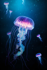 Glowing star jellyfish swimming in deep sea