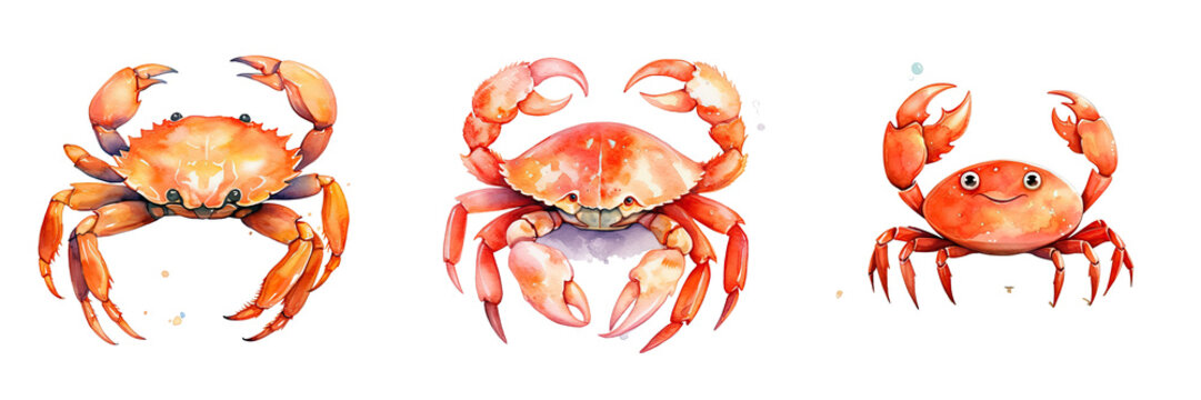 Crab illustration for children s birthday invites painted with watercolors and isolated on a transparent background
