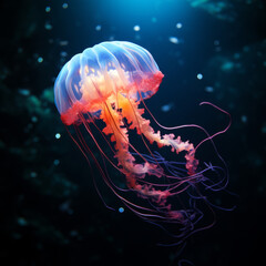 Glowing star jellyfish swimming in deep sea