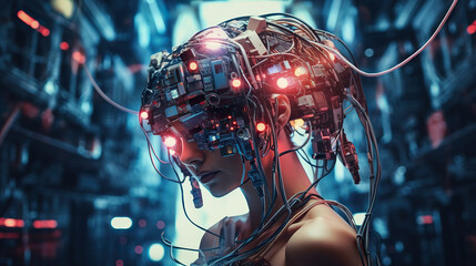 Fototapeta premium Young female humanoid head is connected to a super computer, symbolizing artificial intelligence. Futuristic illustration of the relationship between humans and neural networks. Copy space