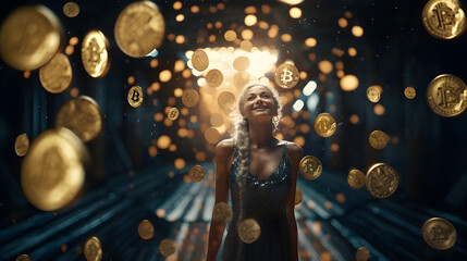 Imagine Stunning realistic full-body portrait of a happy Jung woman with flying bitcoins in a room