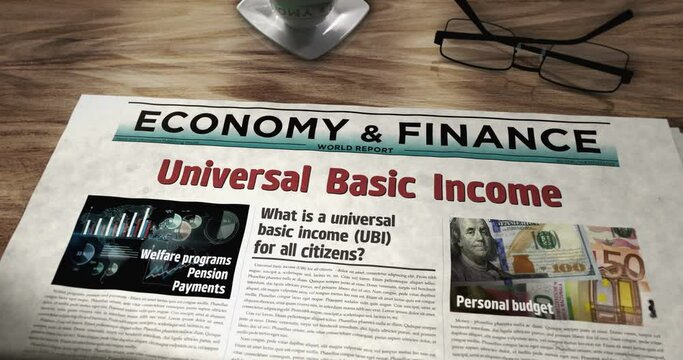 Universal basic income citizens salary payment and social redistribution daily newspaper on table. Headlines news abstract concept 3d.