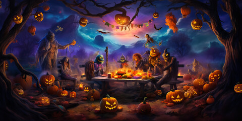 illustration of spooky which at festive table and celebrating Halloween. Halloween party