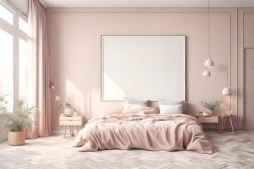 Bedroom interior background with mockup frame and soft pastel hues 
