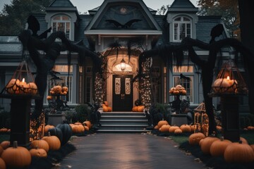 Porch of house, decorated for Halloween with pumpkins