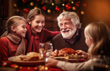 Obraz na płótnie Canvas Happy family: grandfather and grandchildren sitting around the Christmas table.