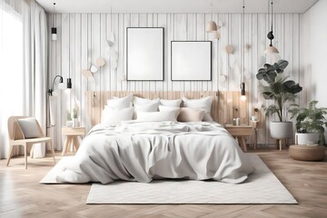 Interior design of a modern Scandinavian and Japanese style bedroom with a white bed. Mock up frame wall, wooden table and floor. 3D illustration of high quality 
