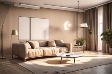 A beige-toned modern living room with a backlit horizontal poster at the door, a floor lamp next to a window with white curtains, and décor on a coffee table next to a modern sofa. 
