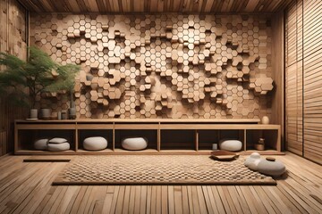 Wooden hexagon shelf with wooden hexagon tiles design on Japanese ryokan tatami mat and wooden wall with Japanese style decoration.
