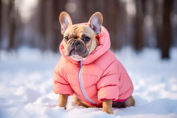 French bulldog wearing winter jacket