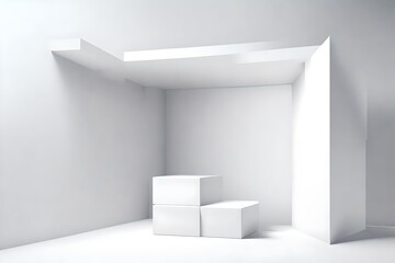 A cross section of the interior of a cube box or a corner room. A white empty geometric square 3D blank box template  