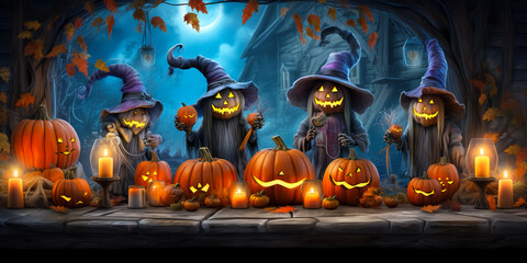 illustration of pumpkin witches at festive table and celebrating Halloween. Halloween party
