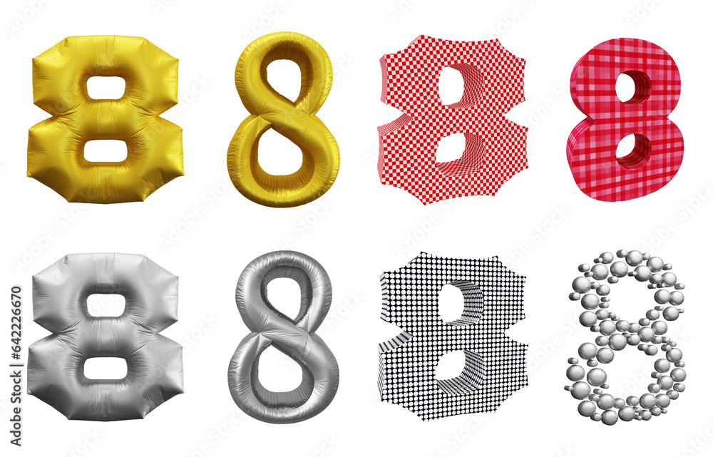 Poster set of number 8 in 3d rendering isolated on transparent background for math, business and education 