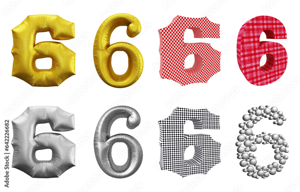 Poster set of number 6 in 3d rendering isolated on transparent background for math, business and education 