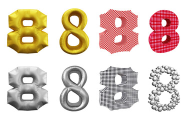 Set of number 8 in 3d rendering isolated on transparent background for math, business and education concept