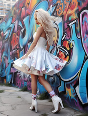Fototapeta na wymiar Blonde woman in a white dress and matching high heel booties stands in front of a graffiti wall