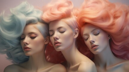 Fototapeta premium Romantic portrait of three beautiful women with different colored hair. Gentle colors. 