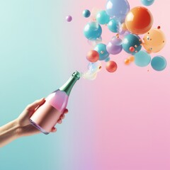 Champagne bottle with Christmas decoration balls, confetti and champagne bubbles explosion on pastel background. Minimal party concept.