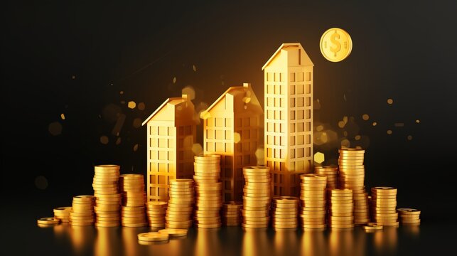 A stack of gold coins supporting a miniature house, symbolizing wealth and real estate investment