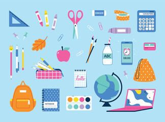 School and office stationery set. Education supplies.Flat vector illustration on blue background.