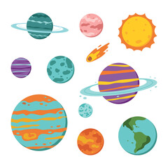 Solar system objects isolated on white background. Sun, planets, comet.Flat vector illustration.