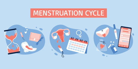 Menstrual cycle illustration set. Female period products. Flat Vector illustration. - obrazy, fototapety, plakaty