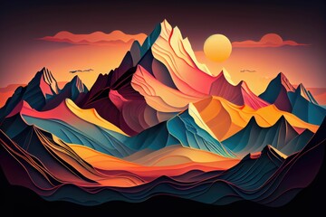 Majestic Fantasy Mountain: A Stunning Flat Illustration of a Mythical Landscape