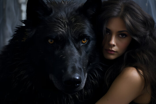 Beautiful woman hugging a big black wolf