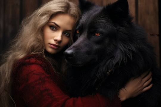 Beautiful woman hugging a big black wolf