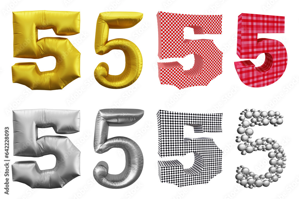 Poster set of number 5 in 3d rendering isolated on transparent background for math, business and education 