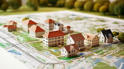 A detailed model of a city with miniature houses on a map
