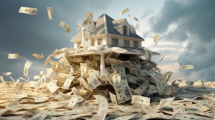 A house engulfed in a shower of money - obrazy, fototapety, plakaty