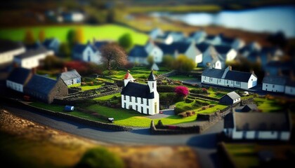 A Bird's Eye View of a Quaint Irish Village Captured with Tilt-Shift Photography, Showcasing its Charming Architecture and Serene Countryside Surroundings - obrazy, fototapety, plakaty