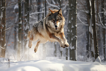 Wolf leaping forward towards camera in the snowy woods