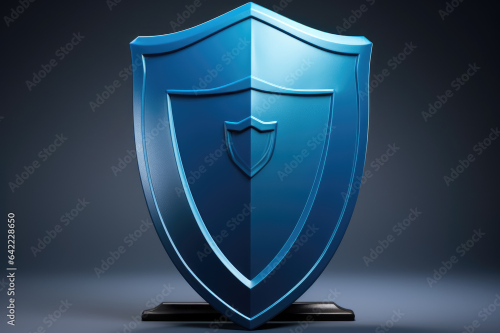 Poster blue shield on stand against dark background. ideal for use in security-related designs and concepts