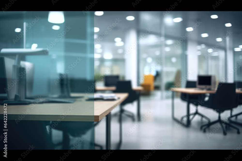 Poster out-of-focus image of office space featuring desks and computers. this photo can be used to depict b
