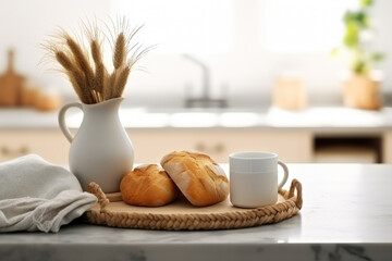 Fototapeta na wymiar Picture of table with loaf of bread and cup of coffee. This image can be used to depict cozy breakfast or brunch setting.